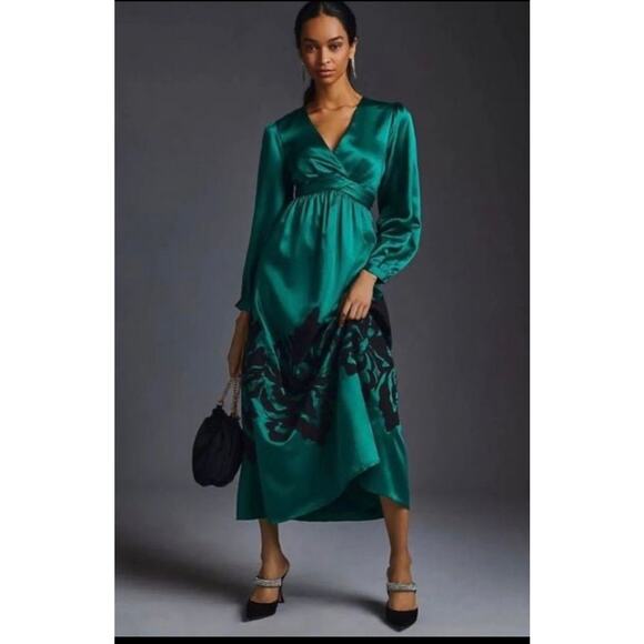 Anthropologie Dresses & Skirts - Anthropologie x Nikasha Embroidered Satin Maxi Dress Emerald Green Size Medium